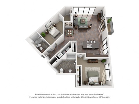 Floor plan for 2 beds, 2 baths, 1357 sqft